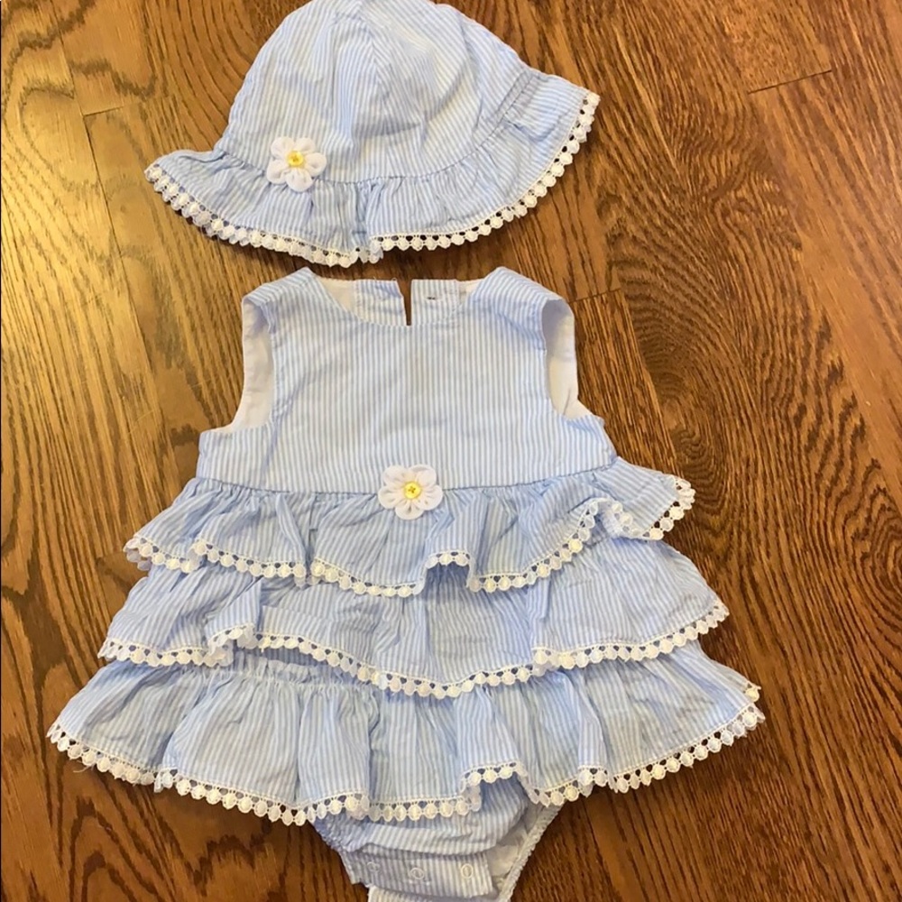 Baby blue and white infant dress matching hat